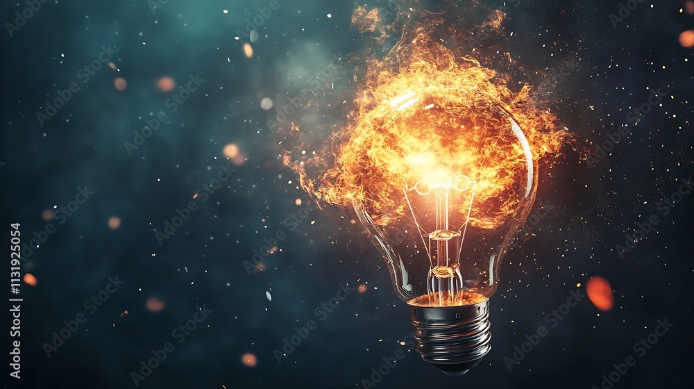 Poster conceptual light bulb explosion with dynamic fiery sparks : generative ai