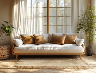 Fototapeta premium Modern Scandinavian Living Room Interior Design with Cozy Gray Sofa and Sunlight