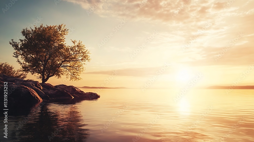 Poster serene sunset over a tranquil lake with a lone tree silhouette reflected in calm water : generative 