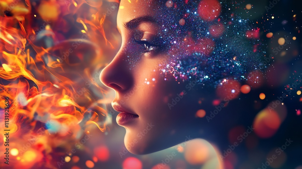 Aufkleber Conceptual Fusion of Woman and Cosmic Universe with Fiery and Celestial Elements : Generative AI