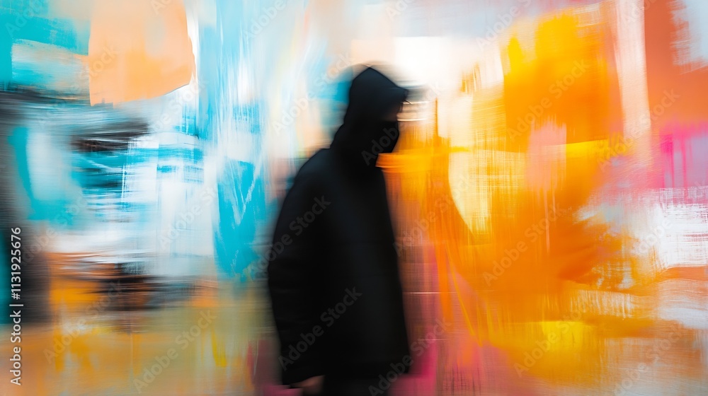 Poster abstract blurred motion of mysterious person against vibrant colors : generative ai