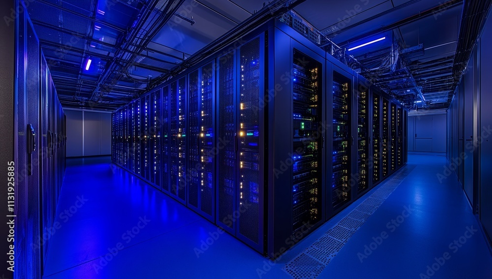 Aufkleber Modern data center server room with rows of network racks and blue lighting.