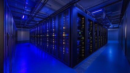 Modern data center server room with rows of network racks and blue lighting.