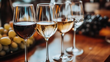 Fototapeta premium Elegant Wine Glasses with Assorted Wines and Grapes in Cozy Vineyard Setting for Culinary Art : Generative AI