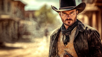 Obraz premium Lone cowboy in a black hat on a dusty street, hand resting near his gun holster, with an old Western town stretching out behind him under a blazing midday sun.