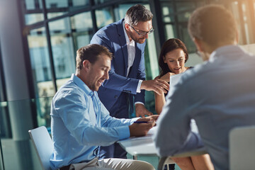 Proposal, laptop and project management director with report, collaboration and ideas. Discussion,...