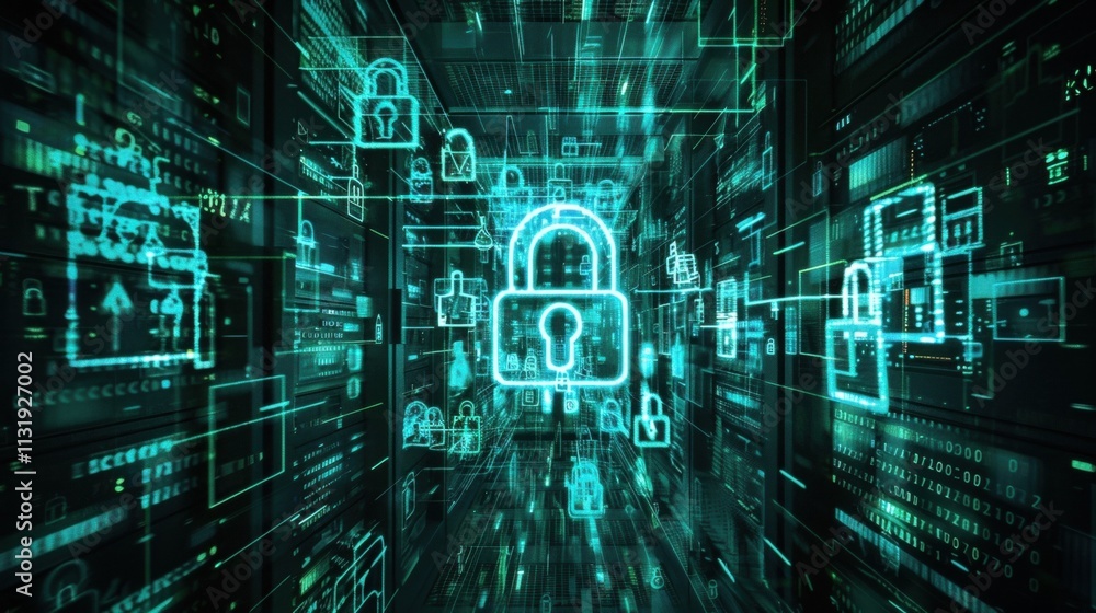 Aufkleber glowing digital padlock securing big data in futuristic server room, ensuring cyber security and dat