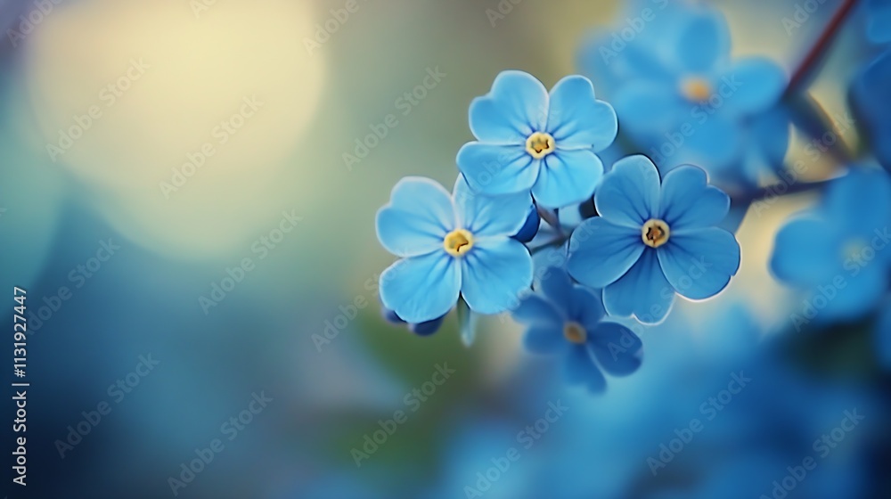 Poster delicate close up of vibrant blue forget me not flowers with soft pastel bokeh : generative ai