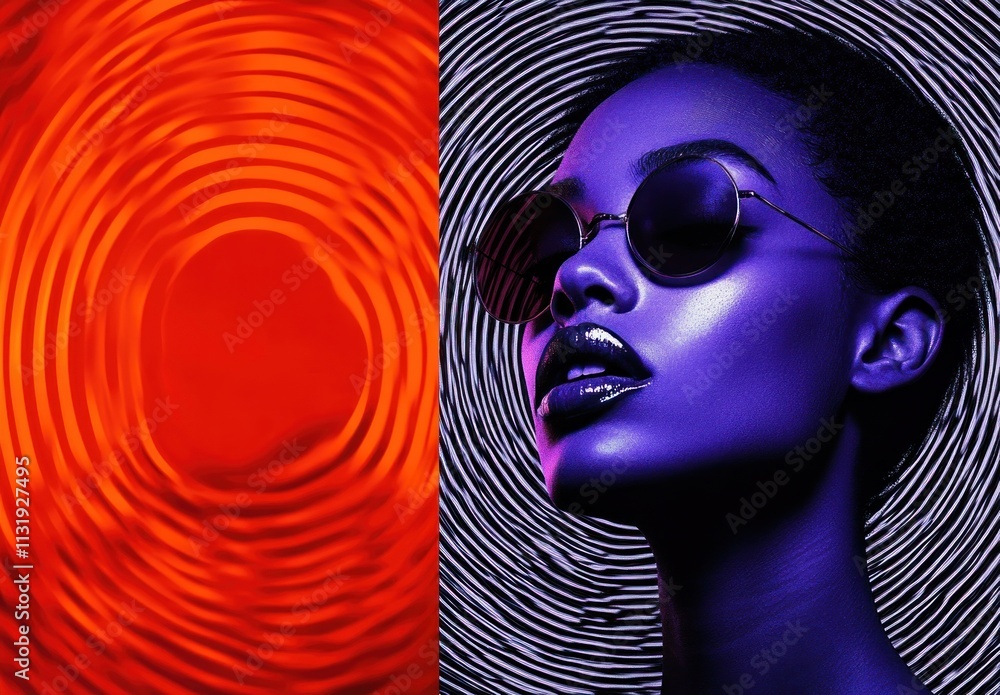 Poster minimalist portrait with spiral patterns pop art style contrast colors lighting composition symmetry