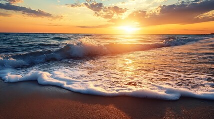 Fototapeta premium Captivating Sunset Over Ocean Waves and Sandy Beach for Romantic Vacations : Generative AI