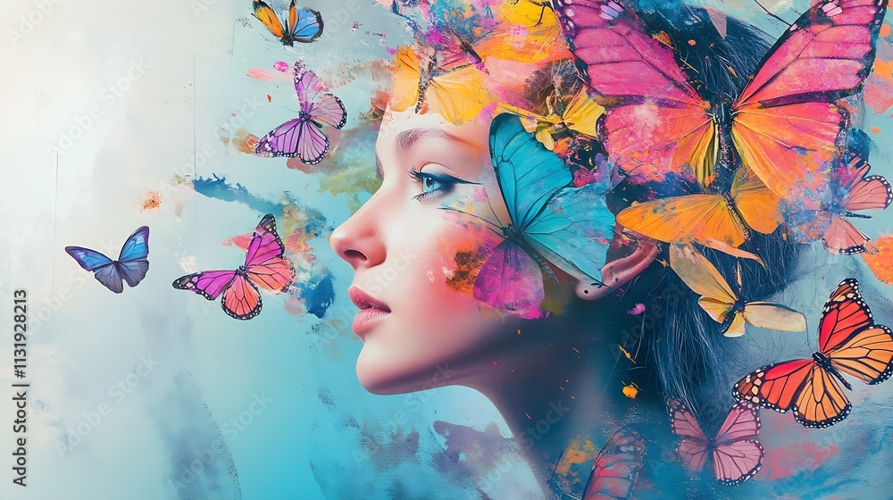 Poster vibrant artistic portrait with beautifully painted butterflies and colorful expression of creativity