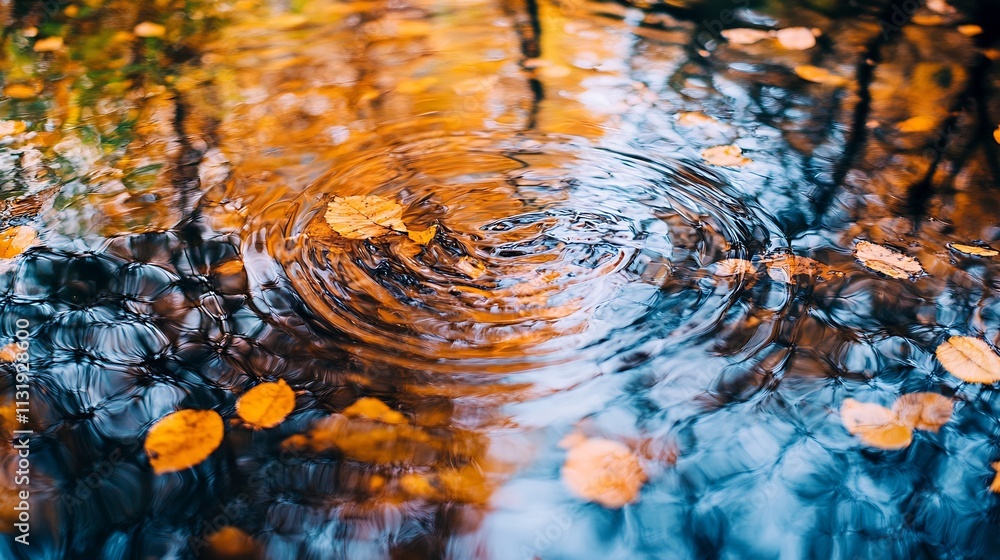 Poster vibrant autumn leaves floating gently in a reflective pool of water capture seasonal transitions : g