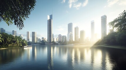 Fototapeta premium Picturesque Urban Skyline Overlooking Peaceful Water at Dawn : Generative AI