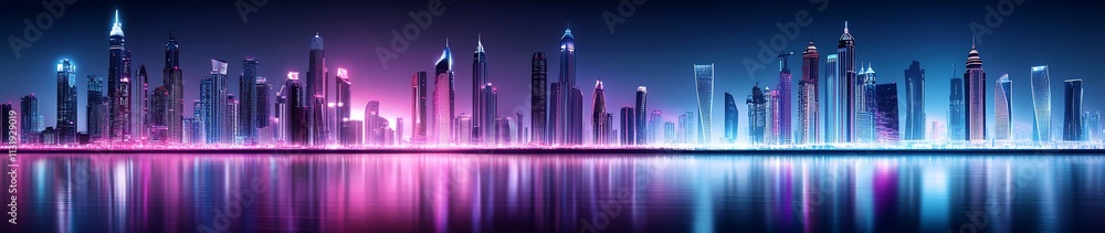 Poster dubai skyline with illuminated skyscrapers reflected on calm waters : generative ai