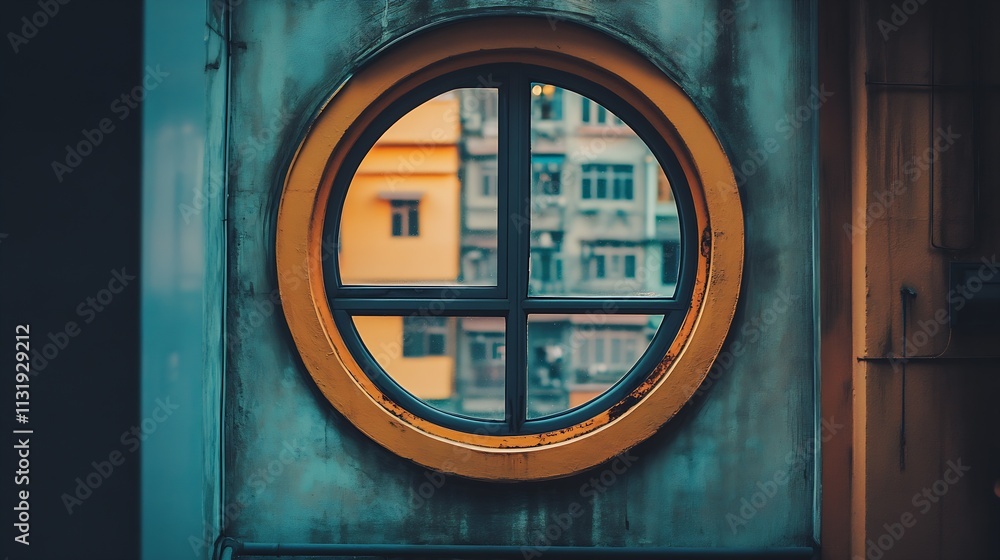 Poster Circular Window Framing Urban Architecture and Vibrant Cityscape View : Generative AI