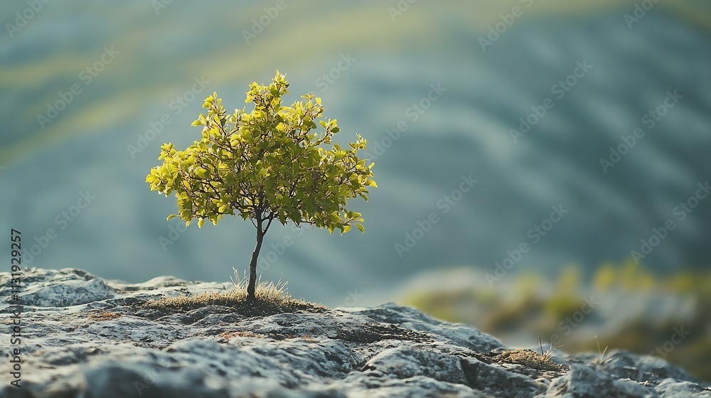 Poster lonely tree on rocky cliff overlooking vast mountainous terrain : generative ai