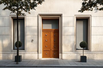 Elegant Wooden Door Facade Minimalist Street Scene with Natural Lighting and Geometric Window Design
