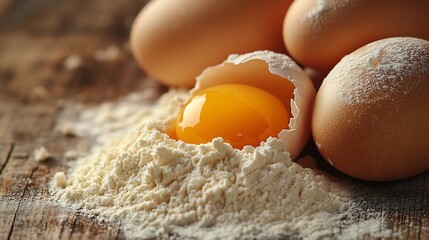 Cracked egg with yolk and flour on wooden surface : Generative AI