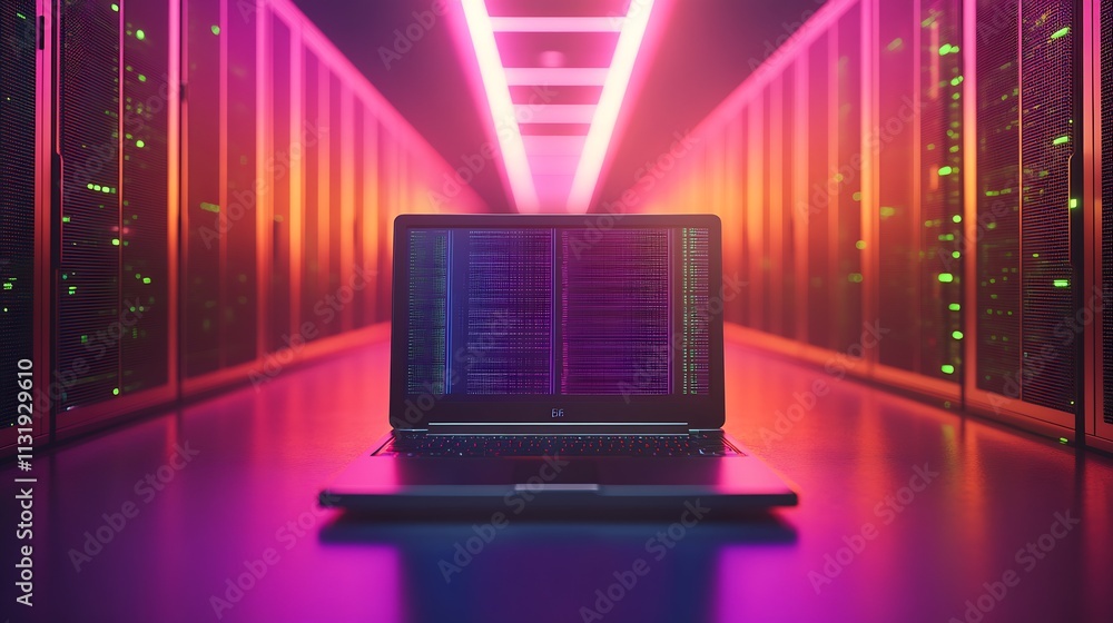 Poster Advanced Data Center with Laptop Showcasing Cybersecurity and Futuristic Tech in Digital Future Landscape : Generative AI