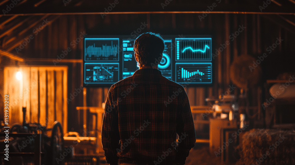 Aufkleber application technologies and agribusiness concept. man observing digital dashboard with farming anal