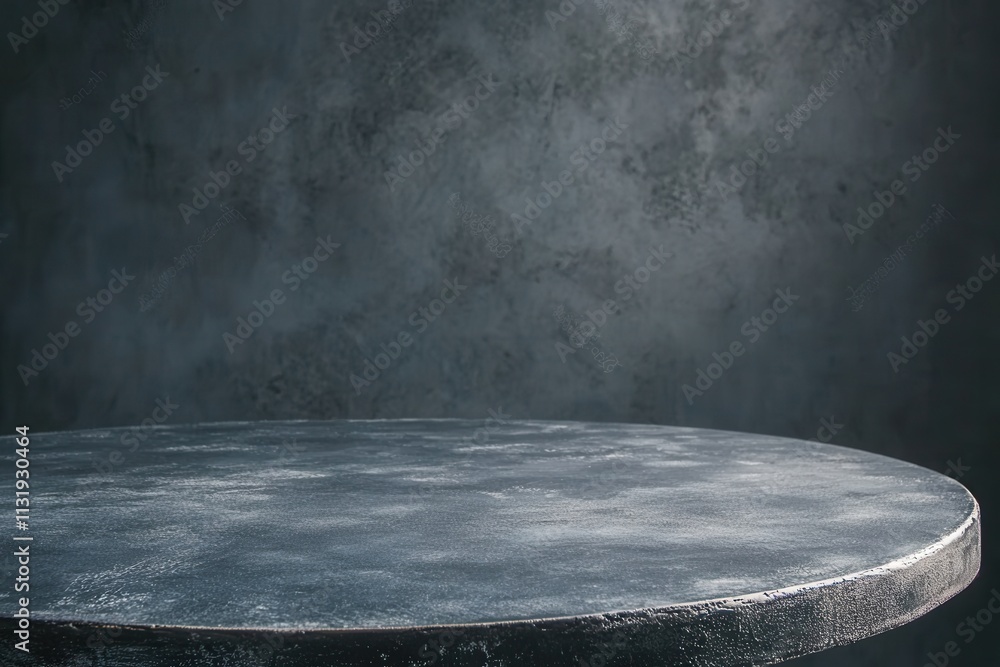 Poster a circular table against a textured dark background.