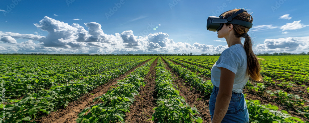Aufkleber application technologies and agribusiness concept. farmer using ar technology to monitor crop perfor