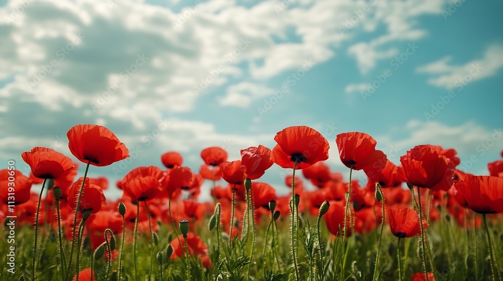 Poster vibrant red poppy field under blue sky with soft white clouds in summer : generative ai
