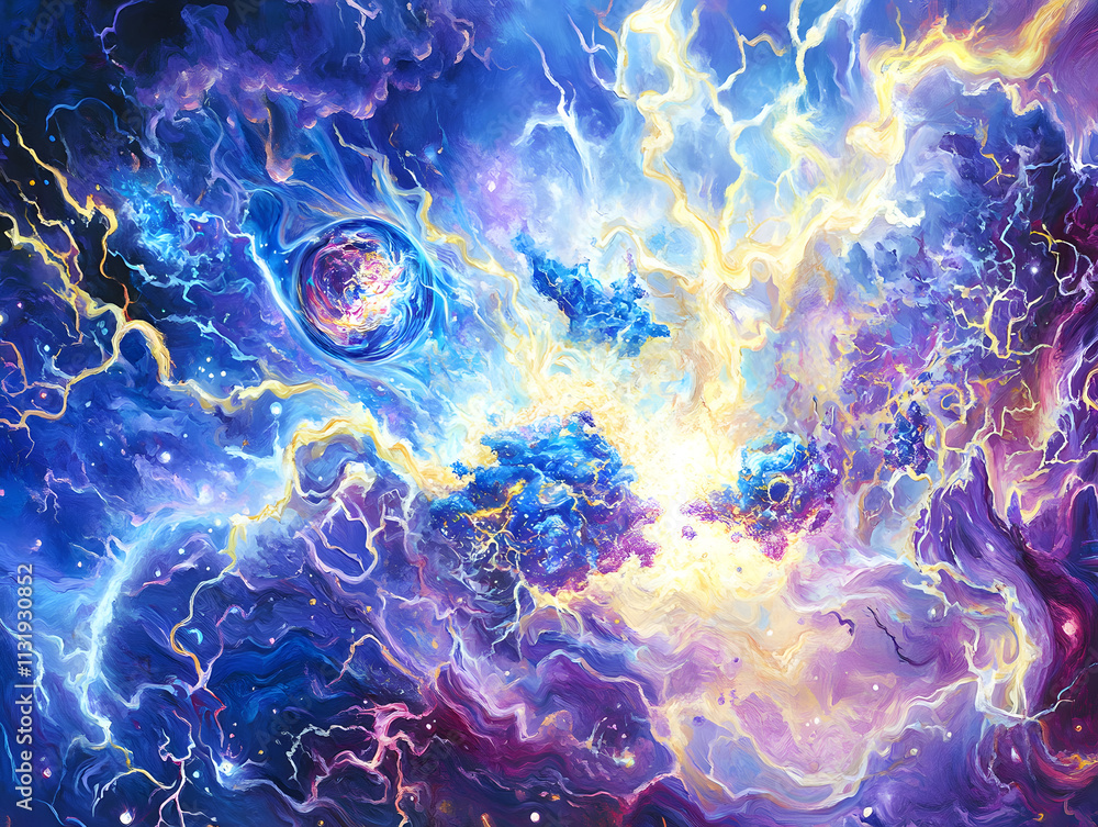 Poster cosmic explosion event in deep space abstract art visualizing stellar phenomena and energy waves in 