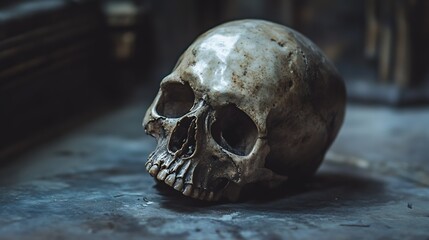 Obraz premium Realistic closeup of weathered human skull with eerie atmosphere and dark shadows : Generative AI