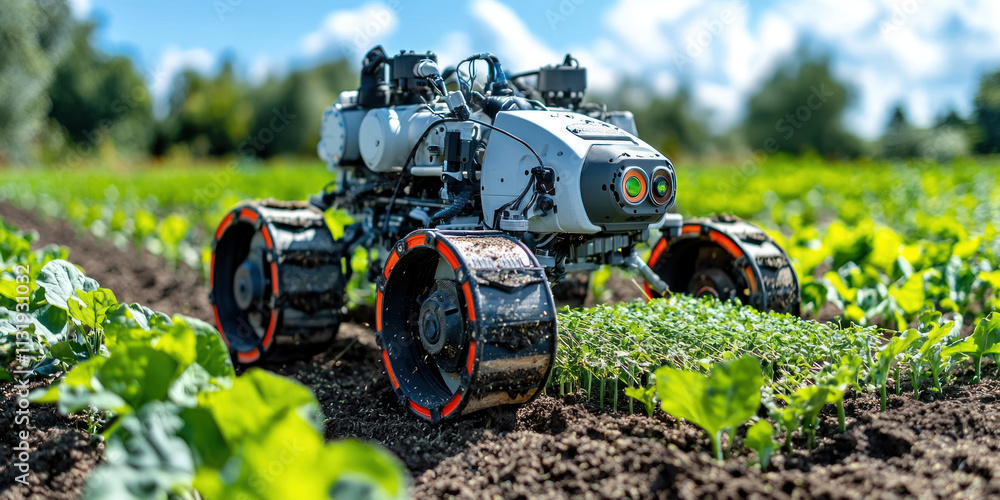 Aufkleber application technologies and agribusiness concept. high tech farming robot sowing seeds in precision