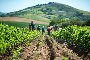 Application Technologies and Agribusiness Concept. Farming workers cultivating crops in sunny field with hills