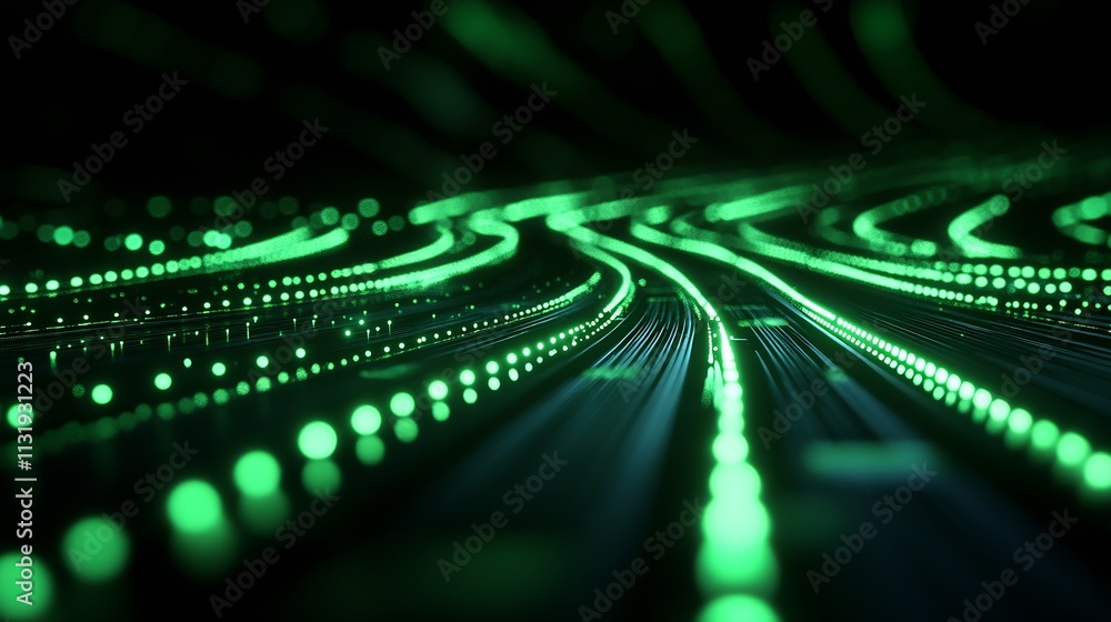 Poster innovative green light trails in circuitry style for advanced technology imagery and design concepts