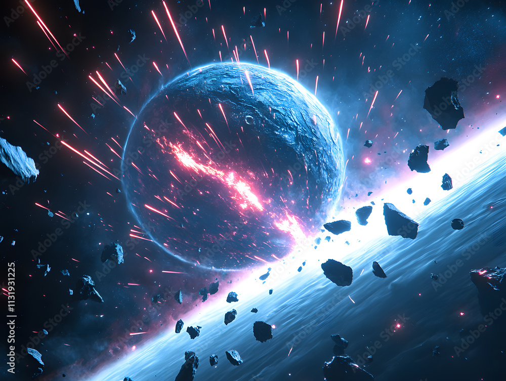 Poster cosmic cataclysm explosive planetary collision in deep space digital artwork sci-fi environment dram