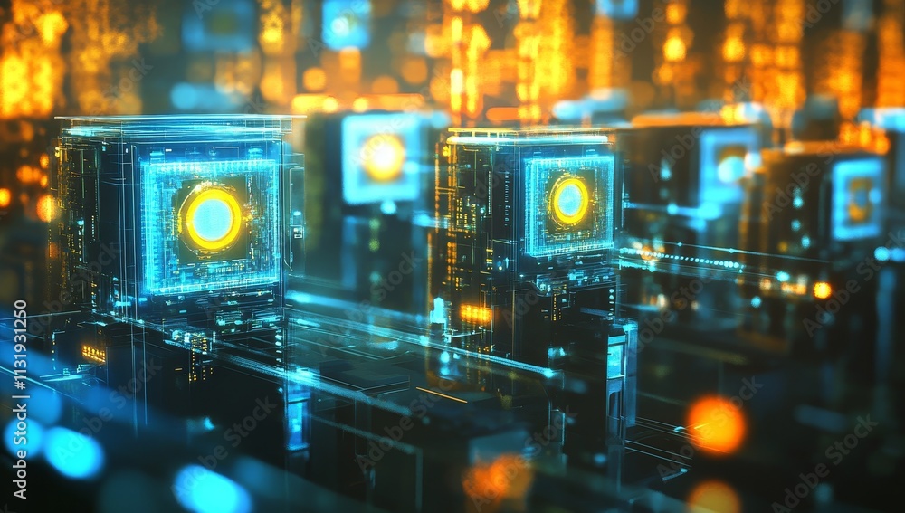 Poster futuristic glowing cubes linked by digital pathways in a technological city.