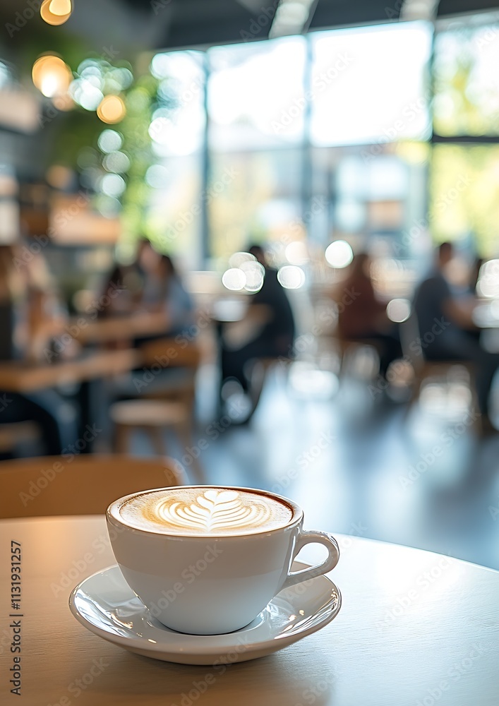 Poster tranquil café with latte and natural lighting for social interactions : generative ai