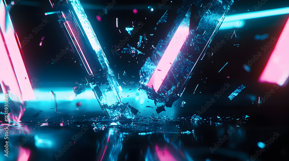 Poster dynamic shatter effect futuristic setting 3d animation neon environment close-up view visual impact 