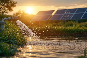 Application Technologies and Agribusiness Concept. Irrigation system watering field with solar panels in background