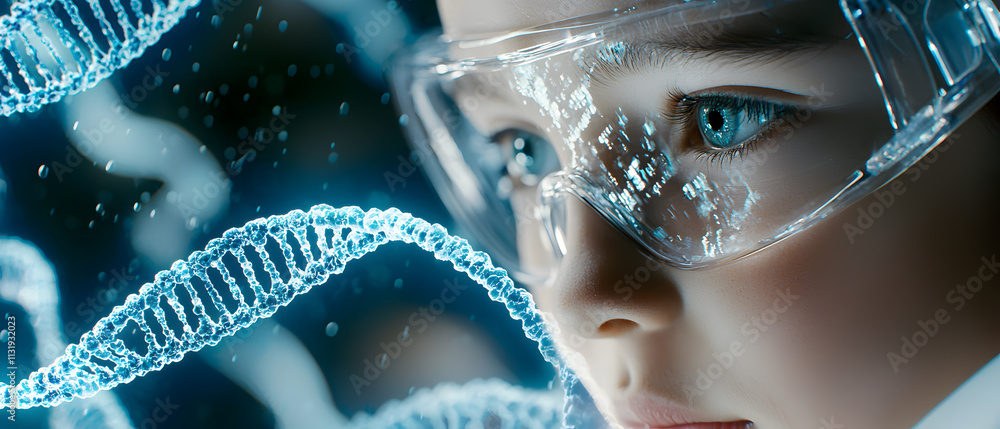 Poster exploring genetics young scientist observes dna structure in high-tech lab future of science inspira