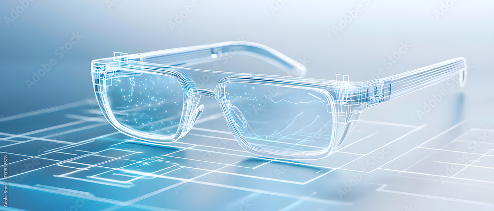 Poster innovative smart glasses design technology lab 3d visualization futuristic environment close-up view