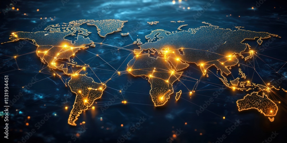 Aufkleber global network map digital art with bright connections and dark background for cyber technology and 