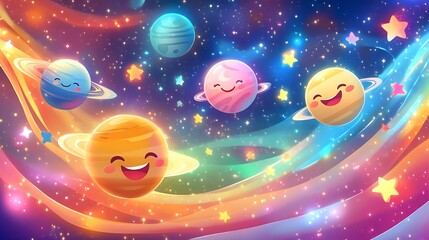 Naklejka premium Happy cartoon planets with rings floating in a colorful galaxy.