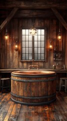 Fototapeta premium Rustic copper tub in wooden room.