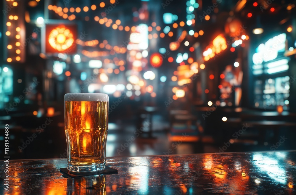 Poster glowing glass of beer on table at night in vibrant pub with colorful lights and blurred background c