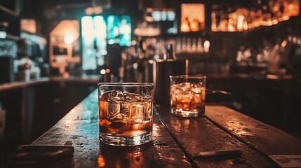 Chilled Whiskey Glasses in Cozy Bar Ambiance with Dim Lighting Over Wooden Counter : Generative AI