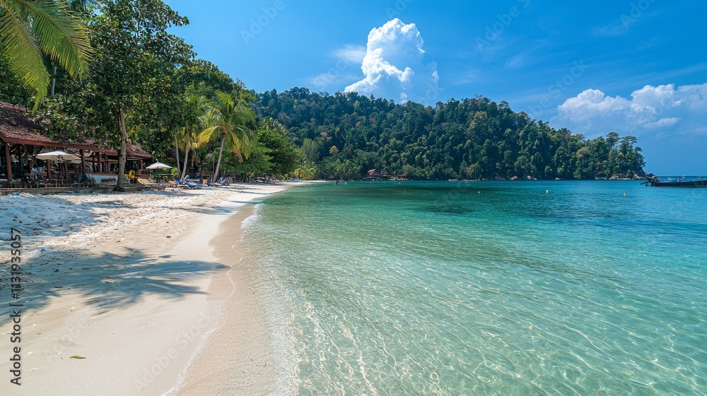 Poster glistening waves gently lap against the shore as palm trees sway in the breeze. this tropical retrea