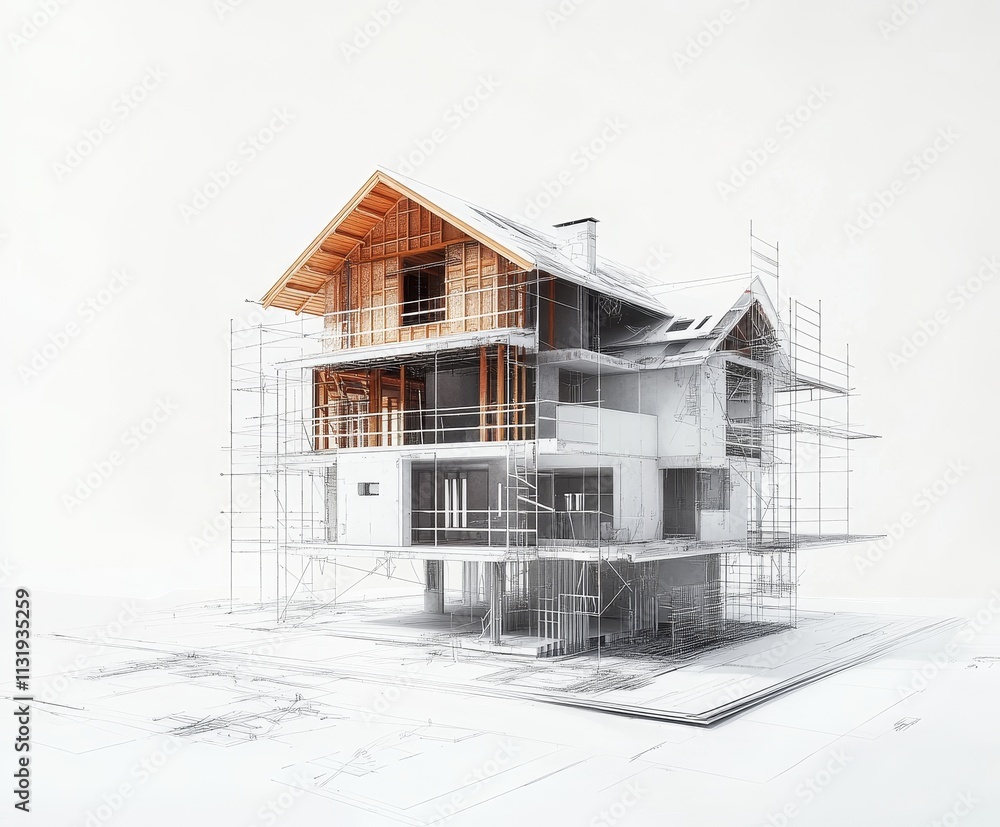 Poster architectural model of a house under construction, showing the wooden frame and scaffolding.