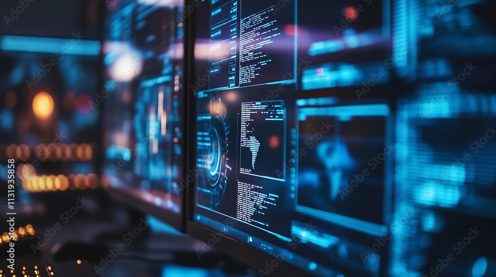 Poster Advanced Digital Technology Interface With Futuristic Data On Screens : Generative AI