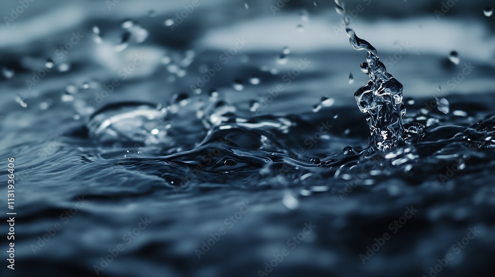 Poster Close Up of Water Droplets Splashing in Blue Liquid with Dynamic Ripples : Generative AI