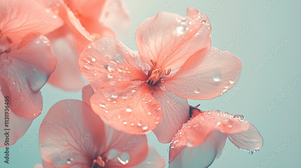 Aufkleber close up of pink flowers with water droplets on petals in soft focus : generative ai