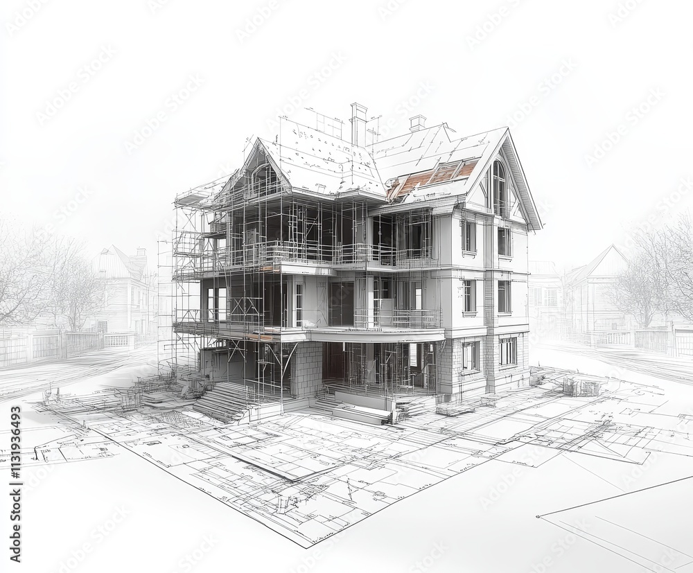Poster Architectural rendering of a house under construction, showing scaffolding and blueprints.